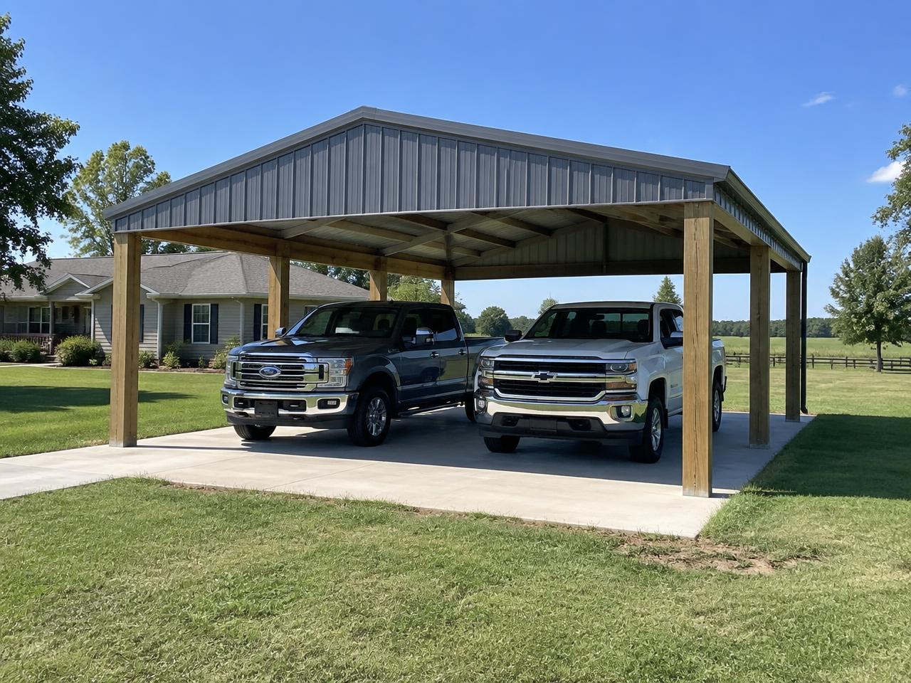 Representative photo of a post-frame carport with wooden posts and a metal roof covering two pickup trucks — placeholder imagery, not an Artisan Pole Barns Inc project